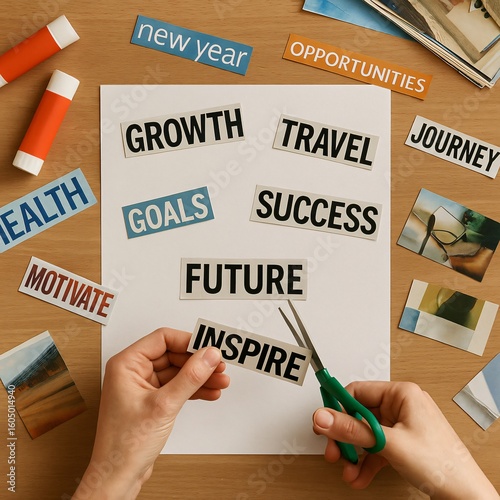 Crafting a personal New Year vision board with motivational words, scissors, and magazines on creative table setup
