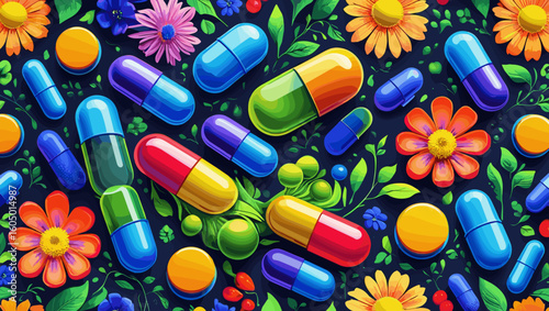 Colorful arrangement of capsules and flowers on a dark background showcasing health and wellness