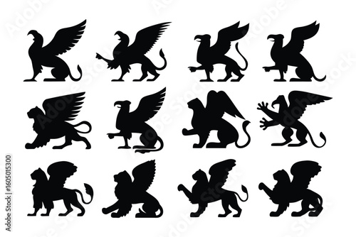A grid of silhouetted loch ness monsters in various poses demonstrating their iconic long necks and bodies