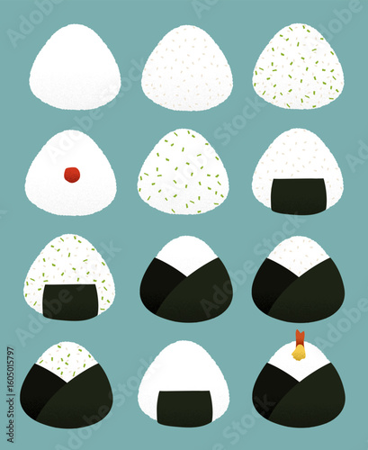 Hand drawn vector illustration set of onigiri rice balls, for Japanese food theme and design, post card, printing and greeting card, foodie vector art, Japan lover art, asian menu, asian restaurant