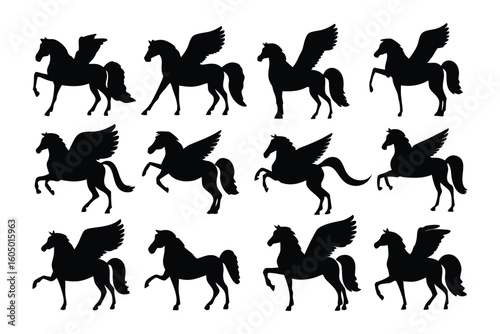 Collection of stylized black silhouette phoenix bird emblems showcasing diverse wing and tail designs for branding and decoration