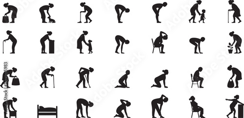 Elderly people performing various activities silhouettes