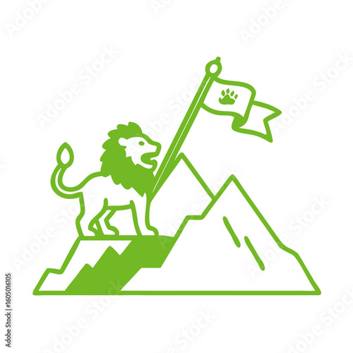Majestic Lion Holding a Flag on a Mountain Peak: A Symbol of Triumph and Success