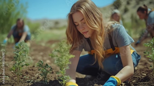 Young woman gardening in a sunny field, surrounded by fellow workers planting crops