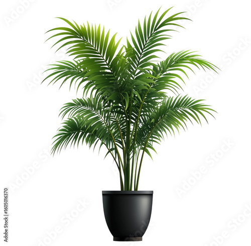 Realistic 3d render of a lush green indoor areca palm plant in a transparent pot