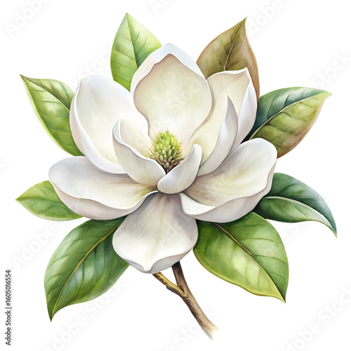 Fototapeta Naklejka Na Ścianę i Meble -  White magnolia flower watercolor illustration isolated on transparent background