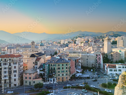 Panoramic aerial view of the center of Savona, Liguria region, Italy.
