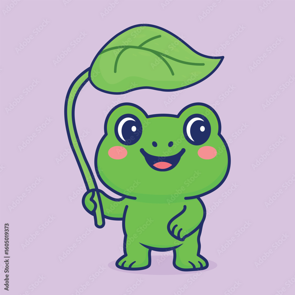 Fototapeta premium Cute unicornCute Cartoon Frog Holding Leaf Umbrella