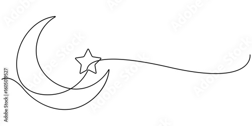 Continuous one line drawing of Star and Crescent moon. Single line drawing illustration of Islamic symbol. Ramadan kareem concept vector art. Doodle line illustration. 