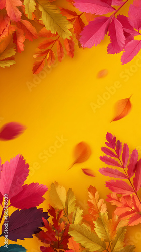 Colorful autumn leaves scattered on a vibrant yellow background creating a warm, inviting atmosphere