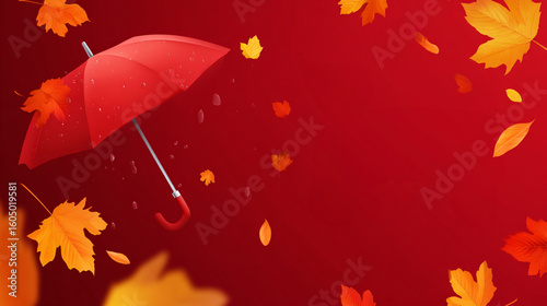 Bright red umbrella surrounded by falling autumn leaves against a vibrant red backdrop