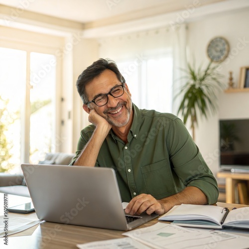 Happy middle aged man working on laptop at home office desk with natural light