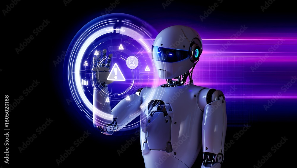 Naklejka premium Futuristic robot interacting with glowing digital interface displaying warning symbol