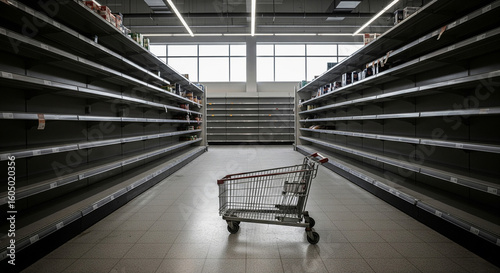 Supermarket aisle with empty shopping cart in the middle between empty shelves without goods. Crisis, shortage of goods, problem with logistics