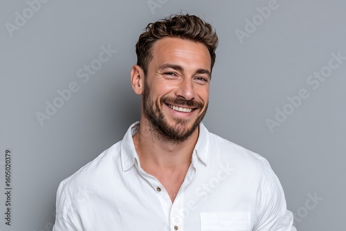 Wallpaper Mural A smiling man in a white shirt, posing confidently against a light gray background, radiating friendliness in a well-lit environment. Torontodigital.ca
