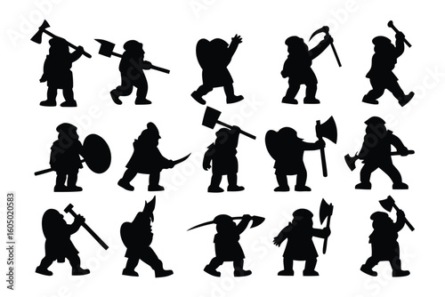 Collection of silhouetted fantasy warriors and archers in dynamic poses ready for battle or adventure