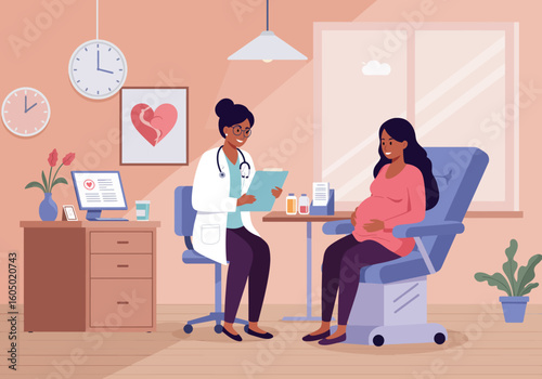 Pregnant Woman in Doctors Office Receiving Prenatal Care.