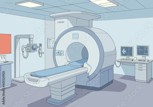 Modern MRI Machine with Integrated Patient Table and Control Panel.