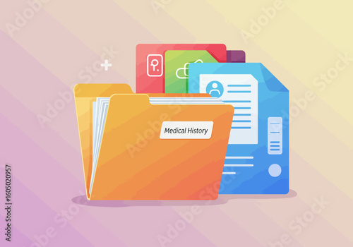 Orange Medical History File Folder with Colorful Documents.