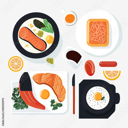 Minimalist flat lay breakfast with fried eggs, salmon, toast, lemon slices, sauce, coffee cup, and vegetables in modern vector style