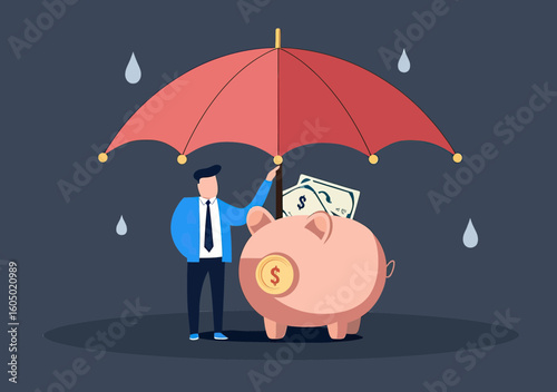 Businessman holding red umbrella protecting piggy bank with dollar bills savings investment financial security concept flat vector illustration