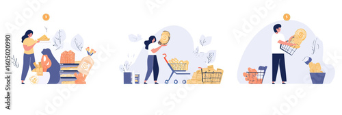 Illustration showing worried shoppers at supermarket with rising grocery prices and inflation impact on consumer spending and finance concept