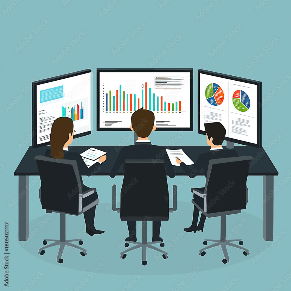 Fototapeta premium Three business people analyzing financial data on multiple computer monitors with graphs charts reports in modern office setting flat vector illustration