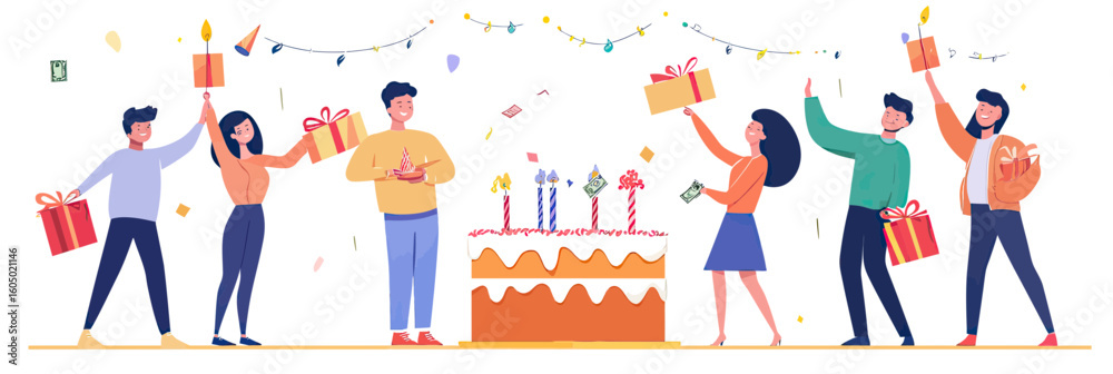 Fototapeta premium Happy birthday celebration with diverse group holding gifts and cake with candles in flat minimalist vector style colorful illustration
