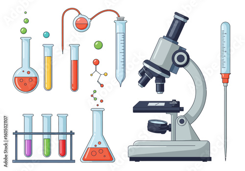 Detailed Illustration of a Compound Light Microscope with Assorted Laboratory Glassware.
