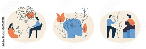 Therapist patient mental health therapy session brain psychology counseling emotional support abstract flat vector illustration set