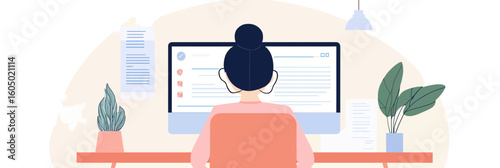 Back view woman working at computer desk with bun hairstyle surrounded by plants and documents in minimalist flat vector office scene