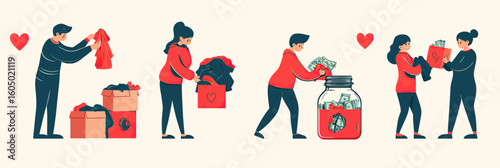 Volunteers packing clothes in boxes donating money in jar giving gift box charity support helping hands flat vector illustration