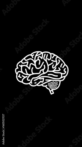 Minimalist black and white vector icon of human brain side view with detailed cerebral cortex and cerebellum illustration on black background