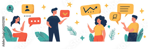 People communicating with speech bubbles and icons representing feedback, questions, positive reviews, customer support, and online interaction in flat minimalist style vector illustration