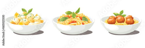 Three white bowls with Italian pasta dishes including gnocchi with basil, spaghetti with tomato sauce, and spaghetti with meatballs and basil leaves isolated on white background vector illustration