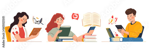 Young diverse students reading books and using digital devices for study education knowledge learning online concept flat vector illustration