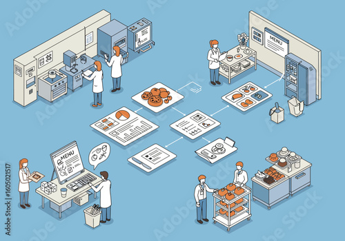 Isometric Illustration of Food Production Process Scientists in Lab Coats Analyzing and Preparing Food Items Detailed Menu Planning and Quality Control.