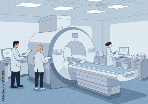 Modern MRI Machine with Medical Professionals Reviewing Scans.