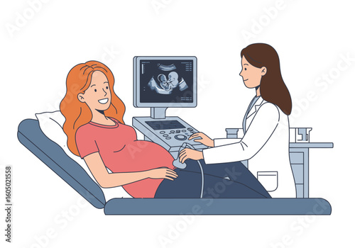 Happy Pregnant Woman Receiving Ultrasound Scan Smiling Relaxed Pose Red Hair.