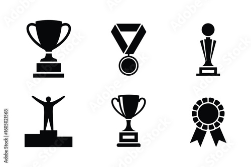 Award trophies medals and winner podium silhouette icons trophy