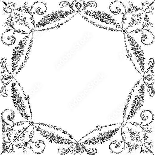 Elegant vintage frame with floral ornaments in a baroque style. A decorative, hand-drawn scroll banner illustration with a blank cartouche for text.
