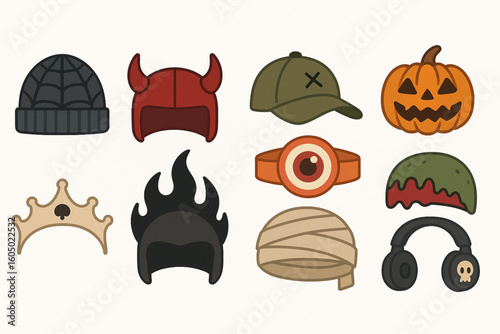 Set of Halloween Hat Icons in Flat Vector Style