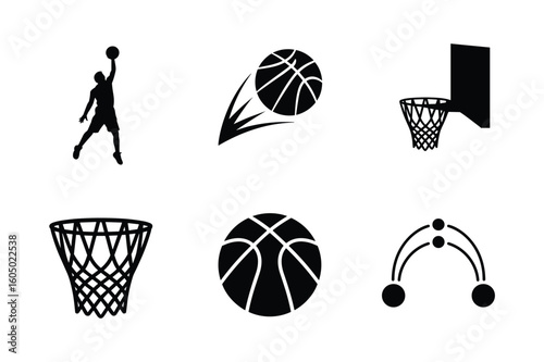 Basketball player dunking ball hoop net and abstract design jump