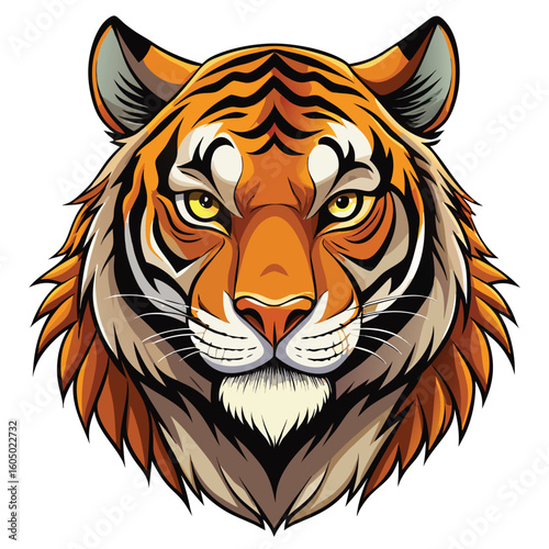 A striking vector illustration of a tiger's head, showcasing its wild feline nature with prominent stripes, intense eyes, and powerful predator's face