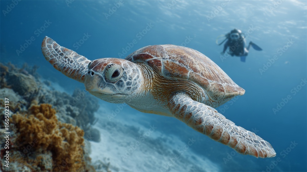 Obraz premium Sea turtle glides effortlessly through a vibrant coral reef, accompanied by a diver exploring the underwater world. The scene captures the beauty of marine life and the thrill of diving