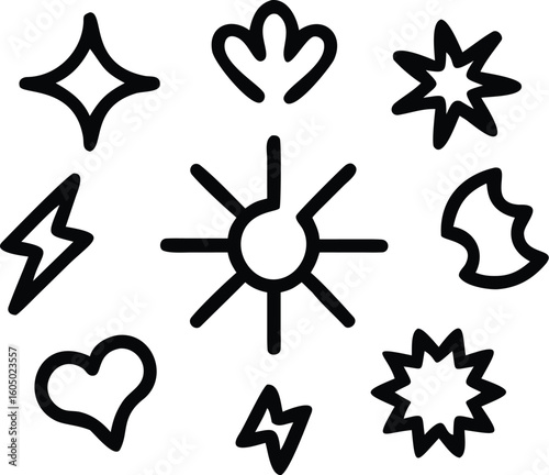Collection of eight simple black and white line art icons including a star heart lightning bolt and sun