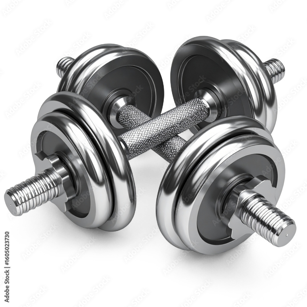 Naklejka premium Chrome Dumbbell Set Weightlifting Strength Training Equipment Fitness Gym on transparent background