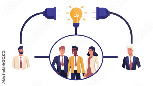 Creative team generating new idea with light bulb and power connection illustration
