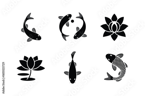 Black koi fish and lotus flowers silhouette white background