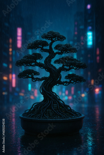 Hyperrealistic image of a futuristic bonsai tree composed of wires and circuits, located in the center of a rainy cyberpunk city. The background shows a metropolis illuminated by neon lights in shades